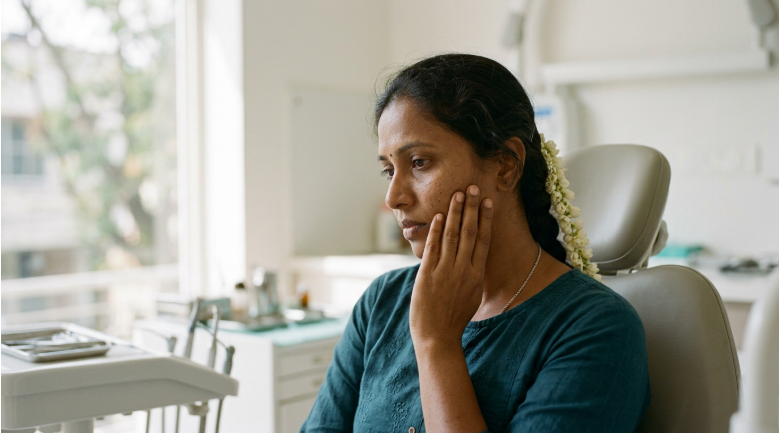 Woman holding her cheek experiencing tooth pain before visiting Glee Dental.